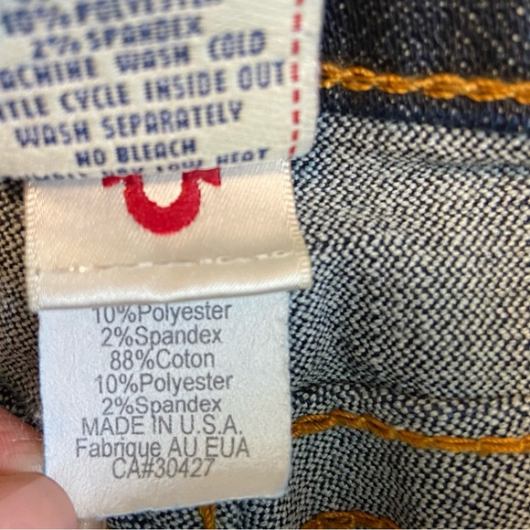 TRUE RELIGION Billy Dark Wash Painted Silver Logo Horseshoe Flap Pockets Jeans - Picture 7 of 15